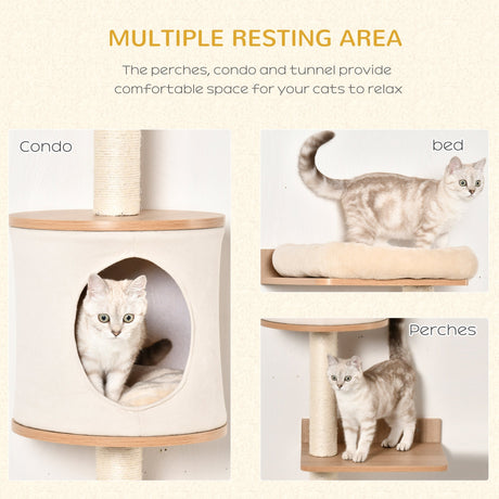 Wall-Mounted Cat Tree, with Cat House, Bed, Scratching Post - Beige, PawHut,