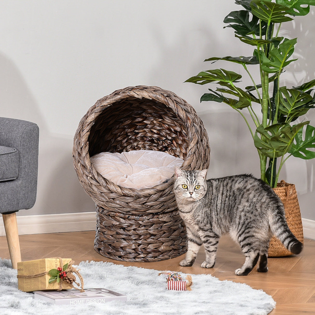 Wicker Cat Bed, Raised Rattan Cat Basket with Cylindrical Base, Soft Washable Cushion, 42 x 33 x 52cm, PawHut, Brown