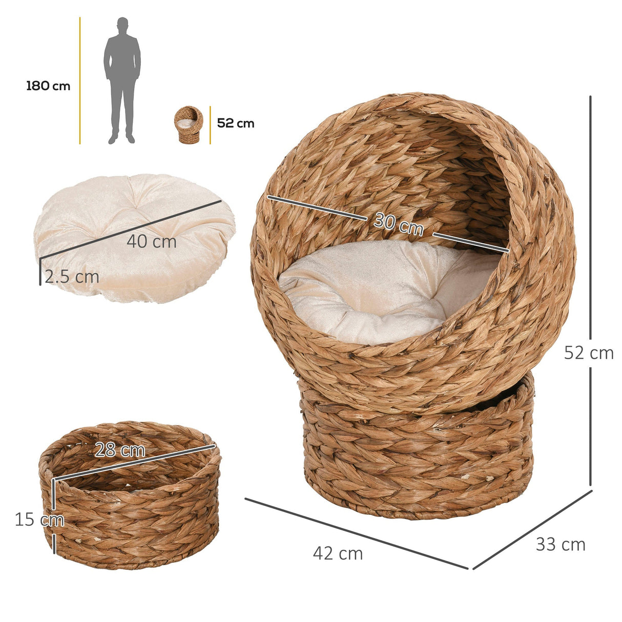 Wicker Cat Bed, Raised Rattan Cat Basket with Cylindrical Base, Soft Washable Cushion, 42 x 33 x 52cm, PawHut, Brown