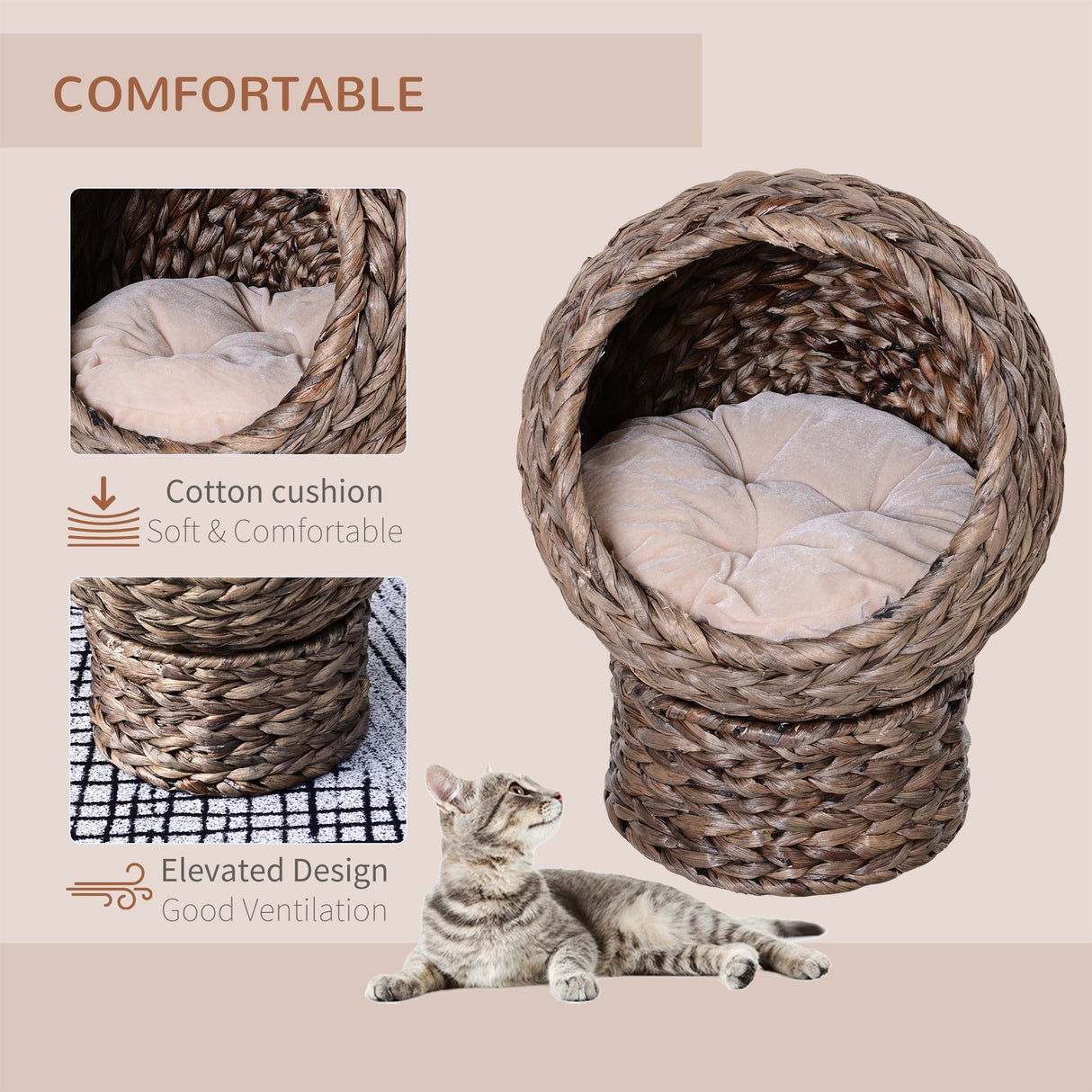 Wicker Cat Bed, Raised Rattan Cat Basket with Cylindrical Base, Soft Washable Cushion, 42 x 33 x 52cm, PawHut, Brown