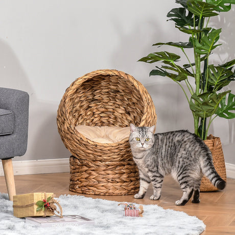 Wicker Cat Bed, Raised Rattan Cat Basket with Cylindrical Base, Soft Washable Cushion, 42 x 33 x 52cm, PawHut, Brown