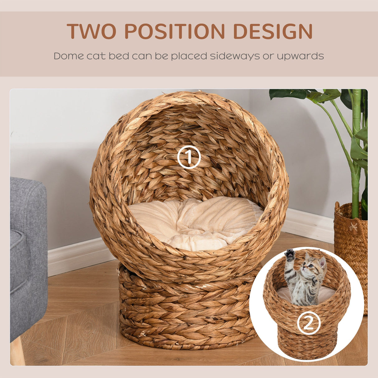 Wicker Cat Bed, Raised Rattan Cat Basket with Cylindrical Base, Soft Washable Cushion, 42 x 33 x 52cm, PawHut, Brown