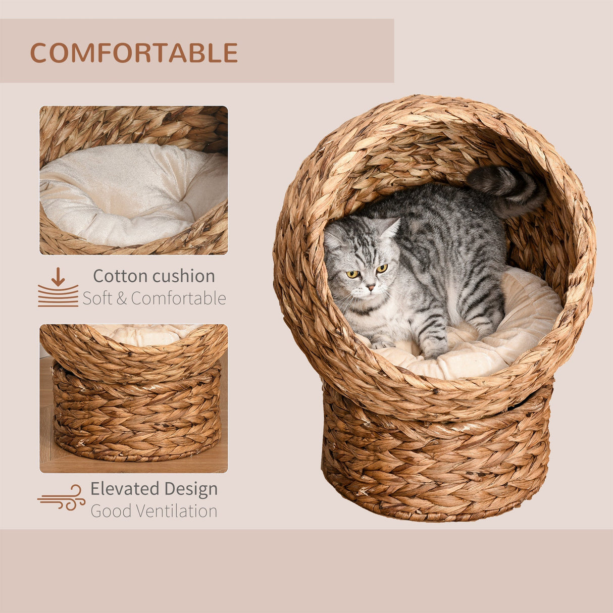 Wicker Cat Bed, Raised Rattan Cat Basket with Cylindrical Base, Soft Washable Cushion, 42 x 33 x 52cm, PawHut, Brown