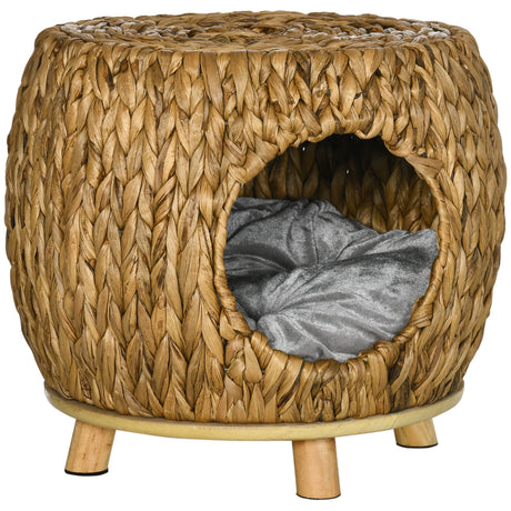 Wicker Cat Cave/House Stool with Soft Washable Cushion,Rattan Kitten Bed for Outdoor & Indoor Use， 44 x 43 x 41cm, PawHut,