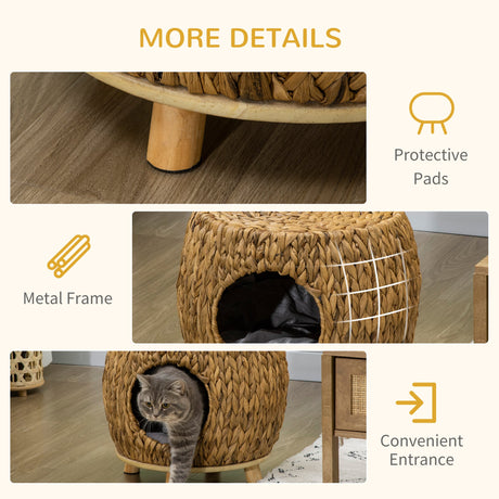 Wicker Cat Cave/House Stool with Soft Washable Cushion,Rattan Kitten Bed for Outdoor & Indoor Use， 44 x 43 x 41cm, PawHut,