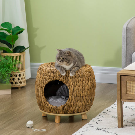 Wicker Cat Cave/House Stool with Soft Washable Cushion,Rattan Kitten Bed for Outdoor & Indoor Use， 44 x 43 x 41cm, PawHut,