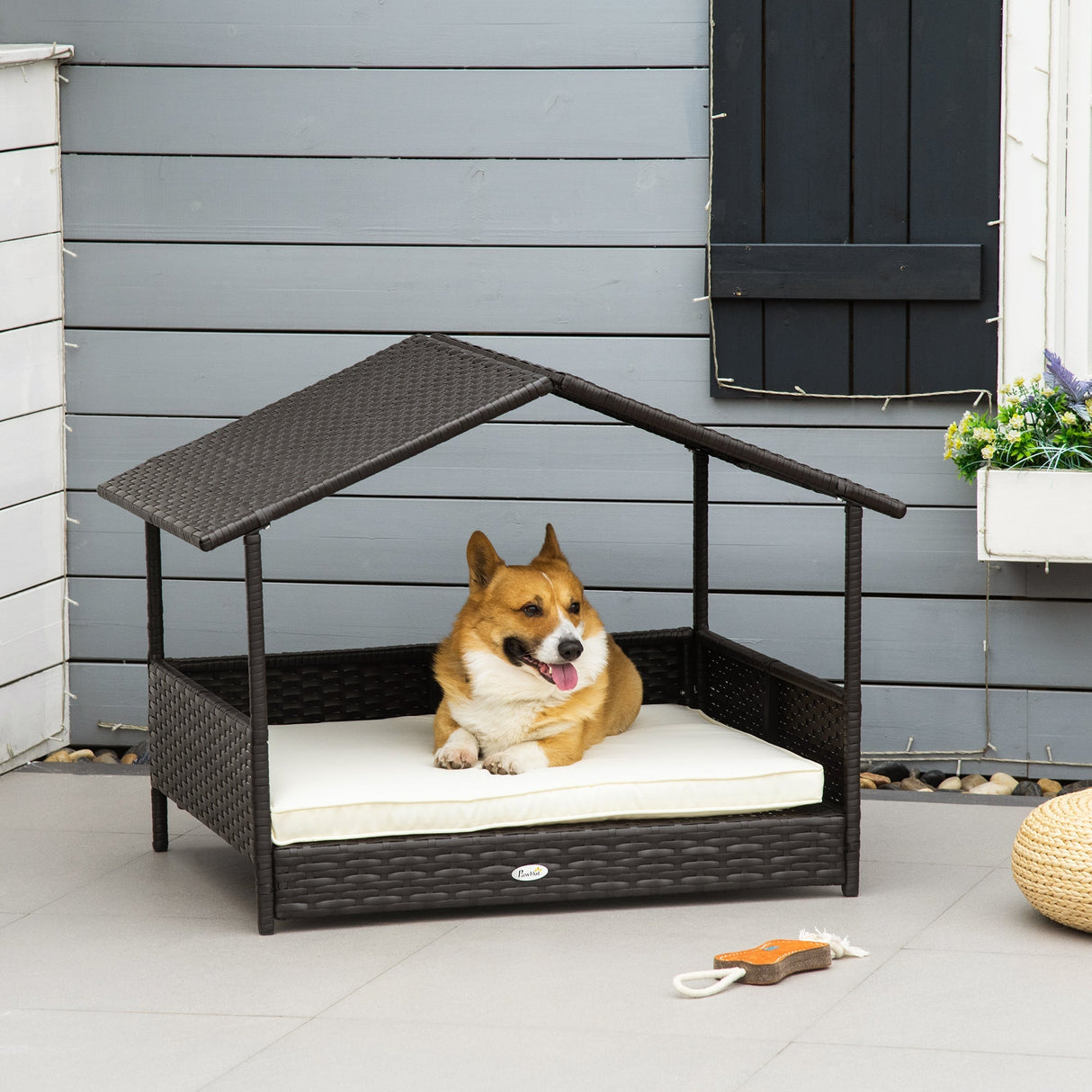 Wicker Dog House, Rattan Pet Bed, with Removable Cushion, Canopy, for Small and Medium Dogs, PawHut, Cream