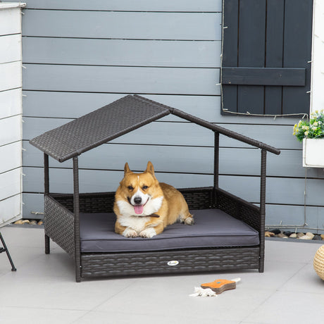 Wicker Dog House, Rattan Pet Bed, with Removable Cushion, Canopy, for Small and Medium Dogs, PawHut, Cream