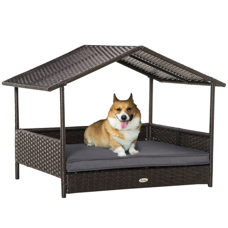 Wicker Dog House, Rattan Pet Bed, with Removable Cushion, Canopy, for Small and Medium Dogs, PawHut, Cream