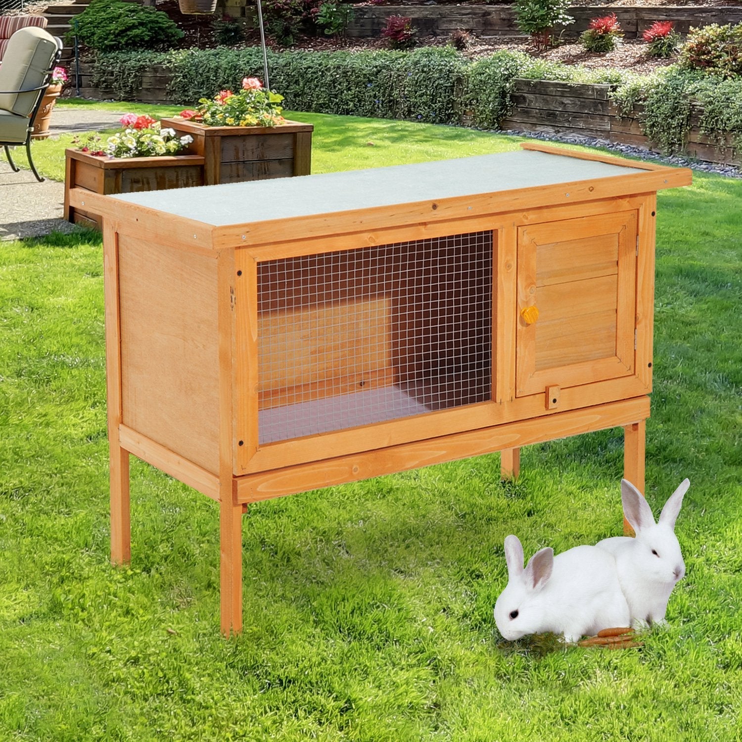 Wood Rabbit Hutch Guinea Pig House Bunny Cage Shelter Indoor Outdoor Elevated with Sliding Tray 90x45x65cm, PawHut,