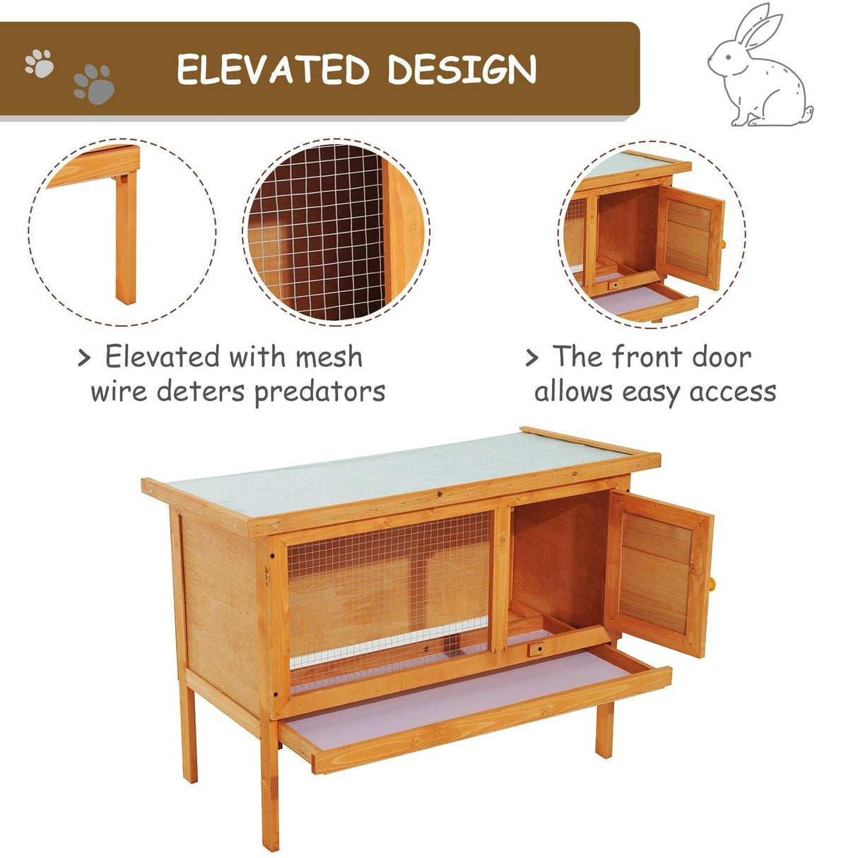 Wood Rabbit Hutch Guinea Pig House Bunny Cage Shelter Indoor Outdoor Elevated with Sliding Tray 90x45x65cm, PawHut,