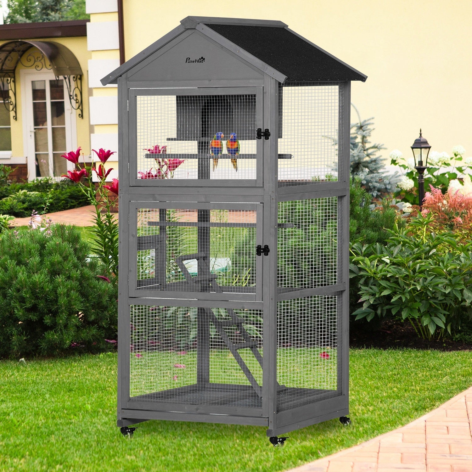 Wooden Aviary House with Wheels | Secure & Easy Clean, PawHut,