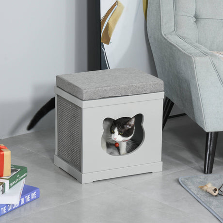 Wooden Cat House for Small Cat w/ Removable Scratching Pad and Soft Cushion, PawHut, Grey