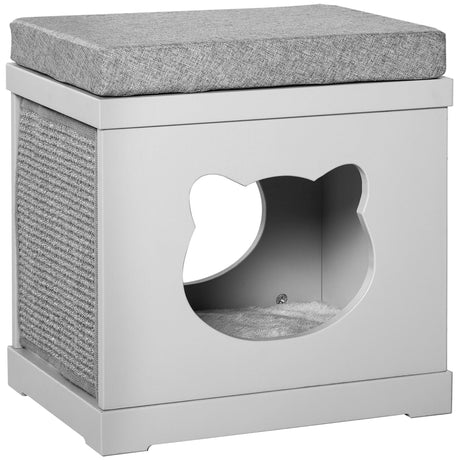 Wooden Cat House for Small Cat w/ Removable Scratching Pad and Soft Cushion, PawHut, Grey