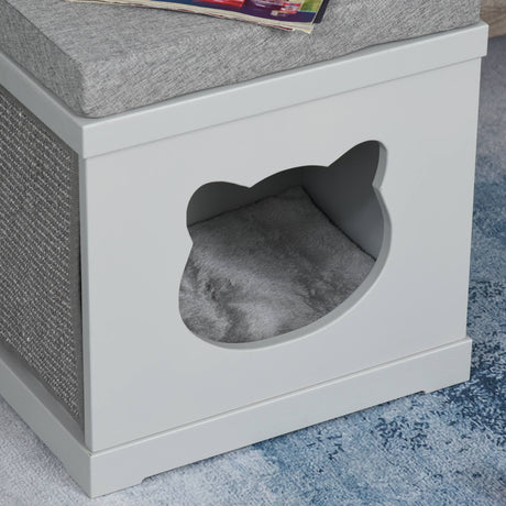 Wooden Cat House for Small Cat w/ Removable Scratching Pad and Soft Cushion, PawHut, Grey