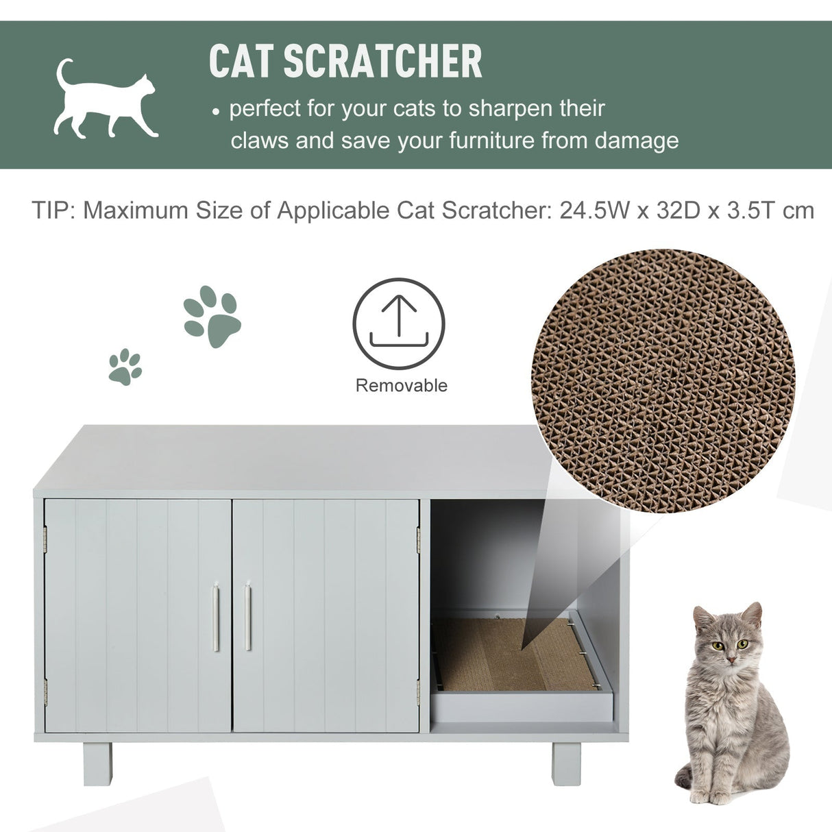 Wooden Cat Litter Box Enclosure with Scratcher & Table Top, PawHut, Grey