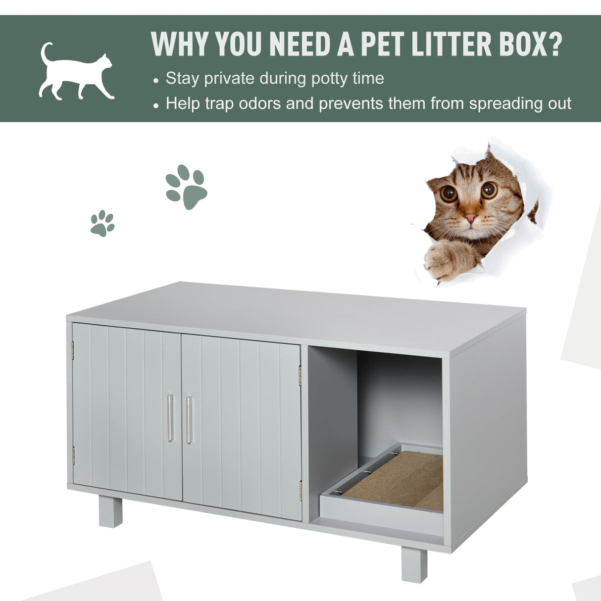 Wooden Cat Litter Box Enclosure with Scratcher & Table Top, PawHut, Grey