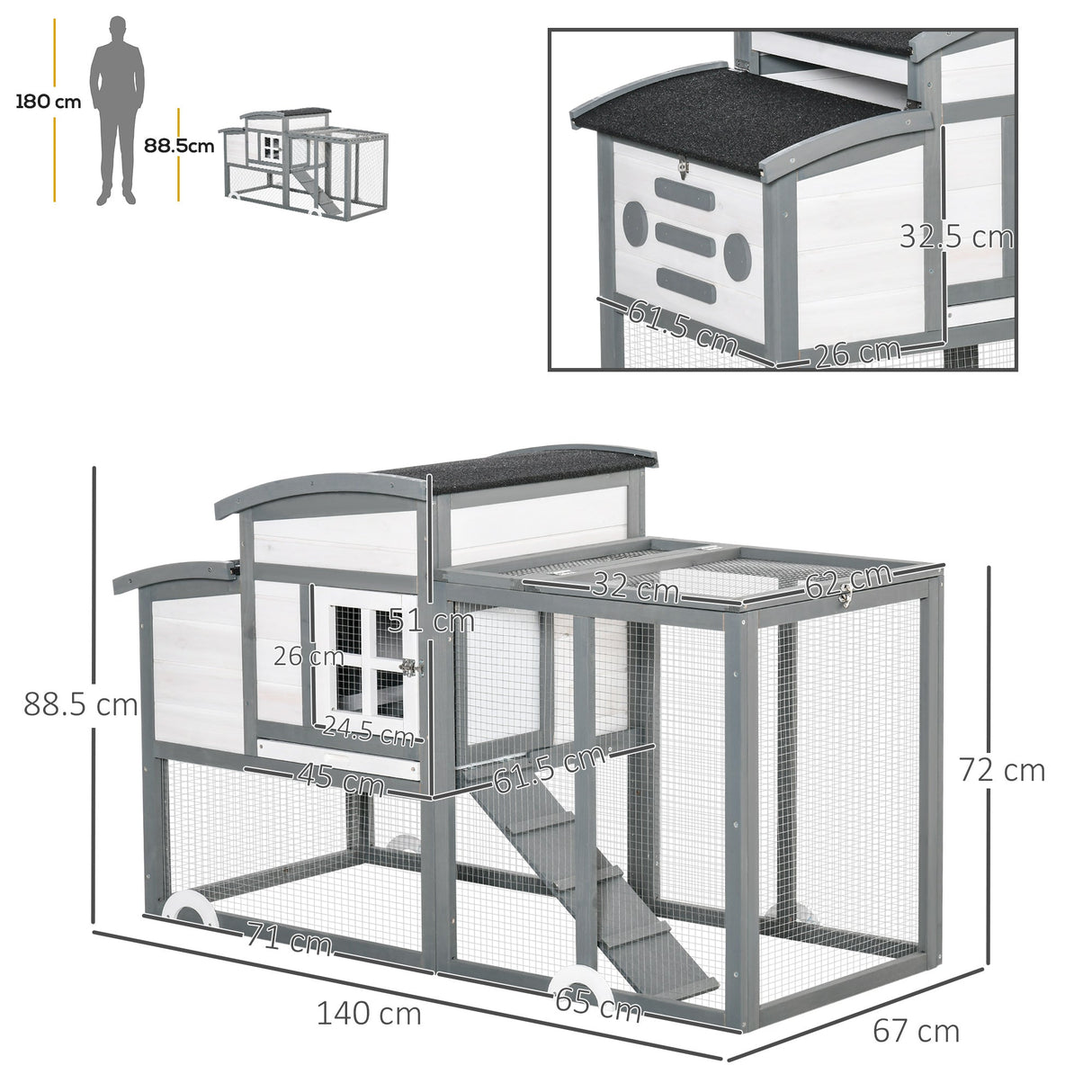 Wooden Chicken Coop with Nesting Box & Outdoor Run, 140cm, PawHut,