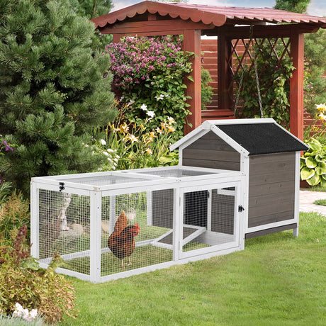 Wooden Chicken Coop with Nesting Box & Outdoor Run, 180cm, PawHut, Grey/White