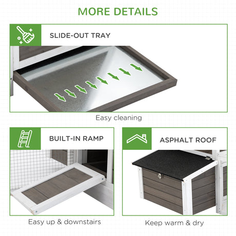 Wooden Chicken Coop with Nesting Box & Outdoor Run, 180cm, PawHut, Grey/White