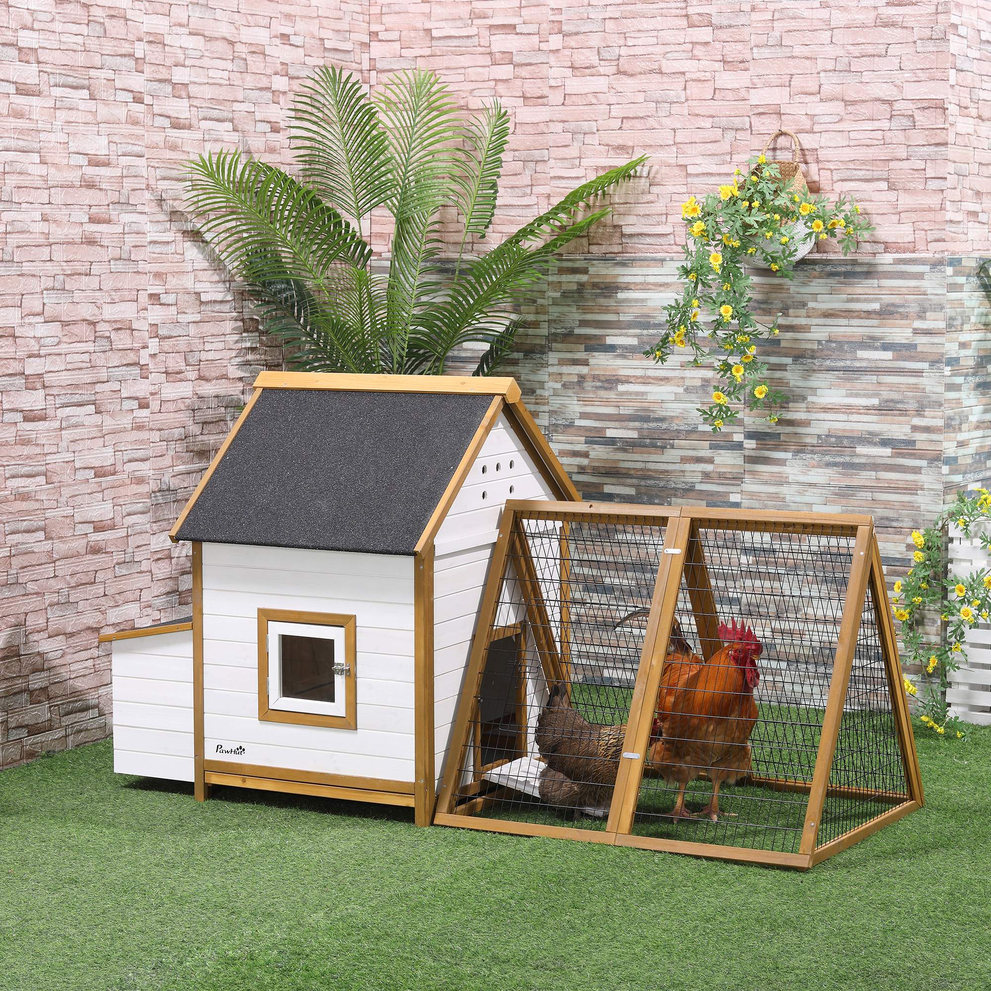 Wooden Chicken Coop with Run, Nesting Box, 197x93 cm, PawHut,