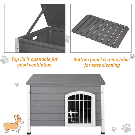 Wooden Dog Kennel Lockable with Openable Top | Gray, PawHut,