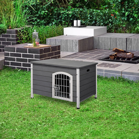 Wooden Dog Kennel Lockable with Openable Top | Gray, PawHut,