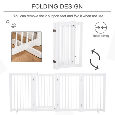Wooden Freestanding Pet Gate 4 Panels 91cm Foldable Dog Safety Fence with 2 Support Feet Walk-through Door for Doorway Stairs, PawHut,