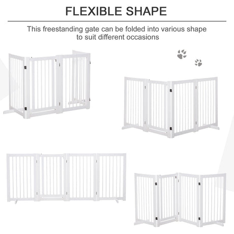 Wooden Freestanding Pet Gate 4 Panels 91cm Foldable Dog Safety Fence with 2 Support Feet Walk-through Door for Doorway Stairs, PawHut,