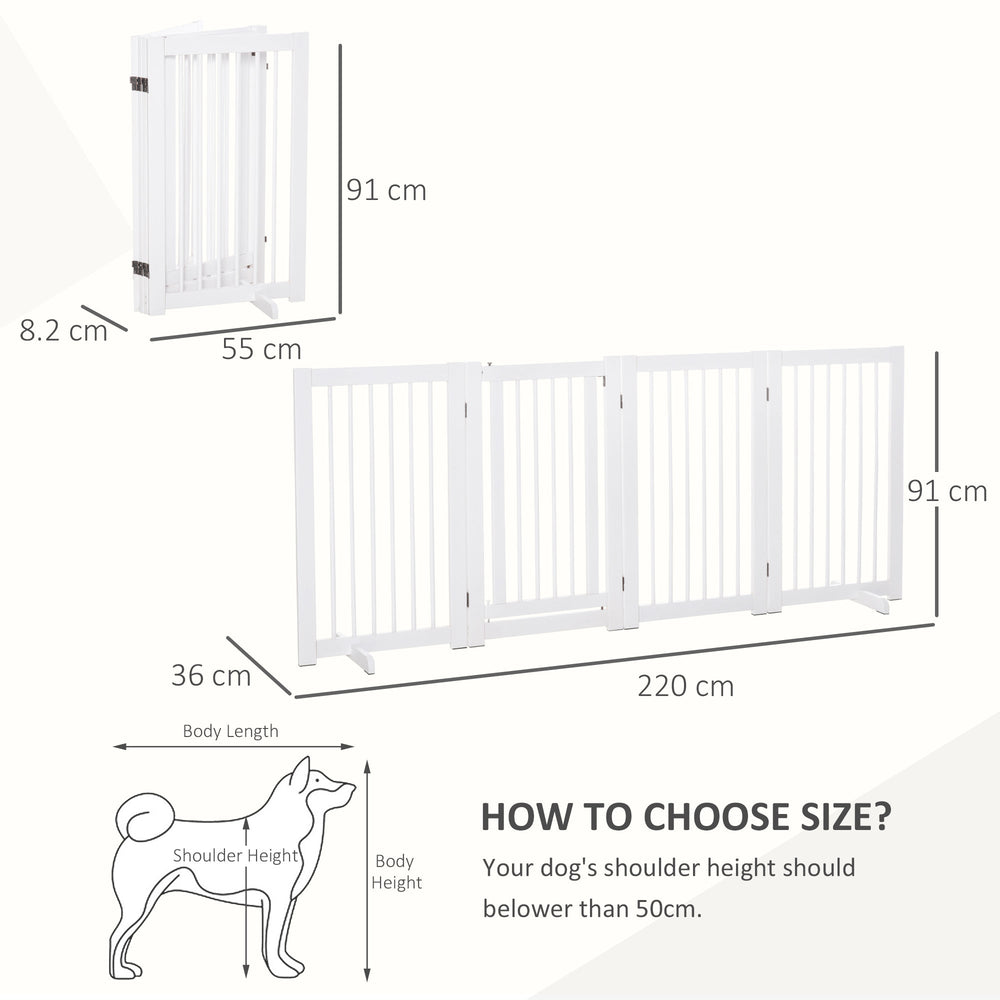 Wooden Freestanding Pet Gate 4 Panels 91cm Foldable Dog Safety Fence with 2 Support Feet Walk-through Door for Doorway Stairs, PawHut,