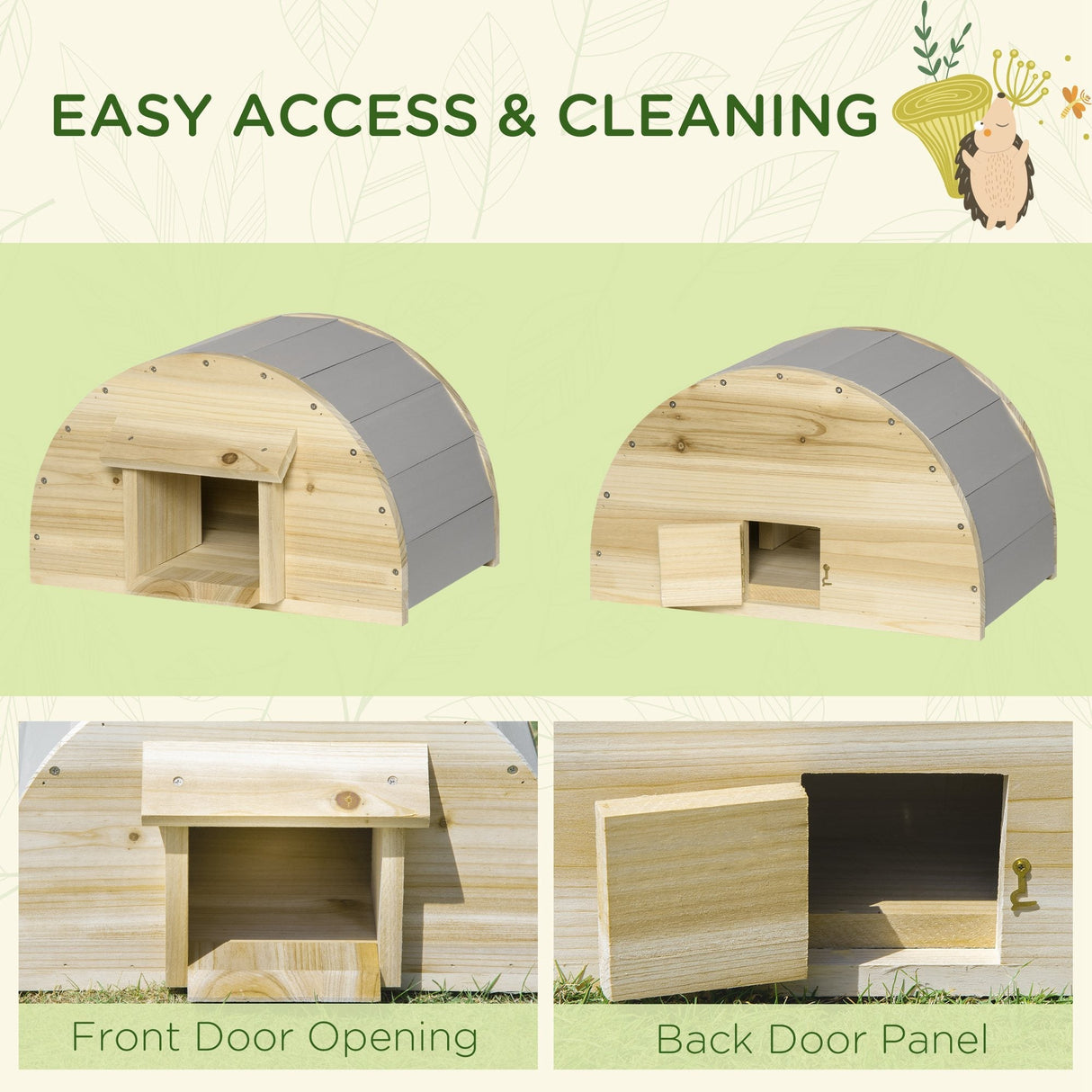 Wooden Hedgehog House Outdoor, Small Animal Shelter Hibernation Home, with 2 Doors, for Garden, 40 x 30.2 x 23.5 cm, Natural, PawHut,