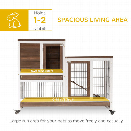 Wooden Indoor Rabbit Hutch Guinea Pig House Bunny Small Animal Cage W/ Wheels Enclosed Run 110 x 50 x 86 cm, PawHut, Brown