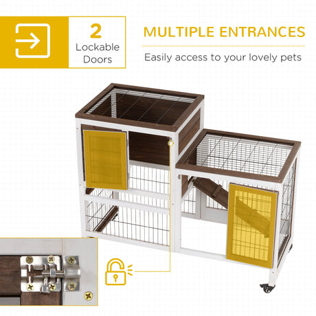 Wooden Indoor Rabbit Hutch Guinea Pig House Bunny Small Animal Cage W/ Wheels Enclosed Run 110 x 50 x 86 cm, PawHut, Brown