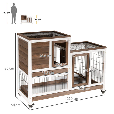 Wooden Indoor Rabbit Hutch Guinea Pig House Bunny Small Animal Cage W/ Wheels Enclosed Run 110 x 50 x 86 cm, PawHut, Brown