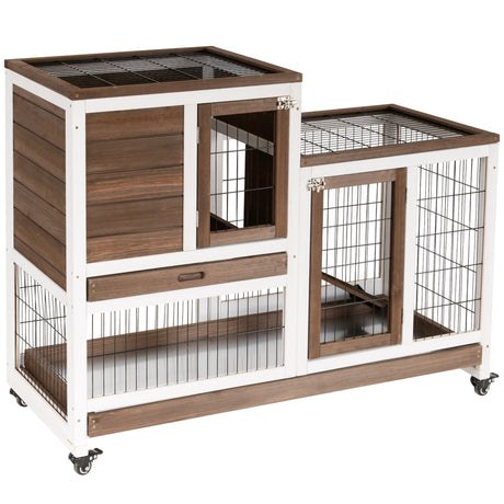 Wooden Indoor Rabbit Hutch Guinea Pig House Bunny Small Animal Cage W/ Wheels Enclosed Run 110 x 50 x 86 cm, PawHut, Brown