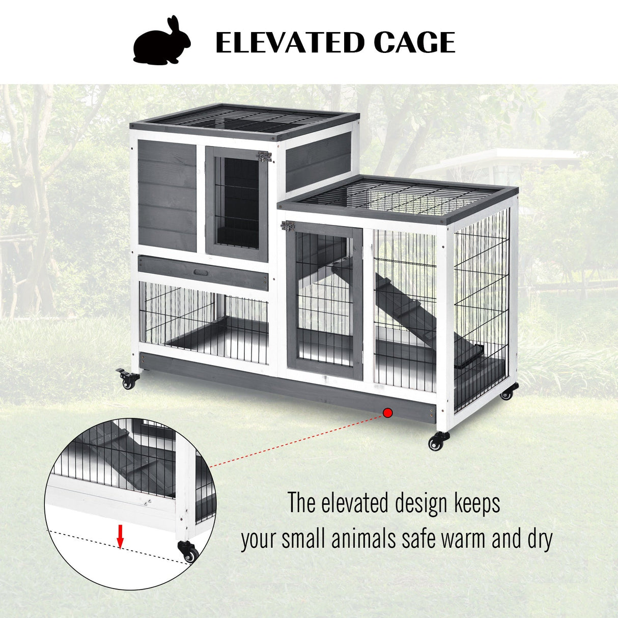 Wooden Indoor Rabbit Hutch Guinea Pig House Bunny Small Animal Cage W/ Wheels Enclosed Run 110 x 50 x 86 cm, PawHut, Grey