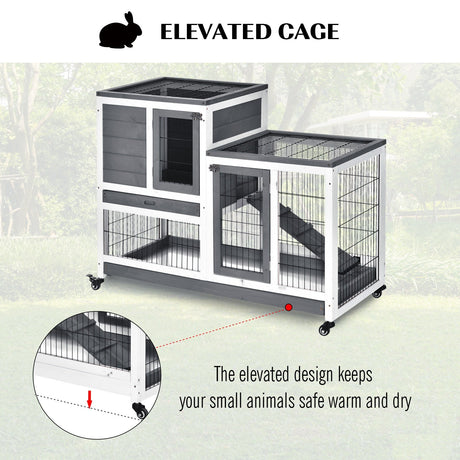 Wooden Indoor Rabbit Hutch Guinea Pig House Bunny Small Animal Cage W/ Wheels Enclosed Run 110 x 50 x 86 cm, PawHut, Grey