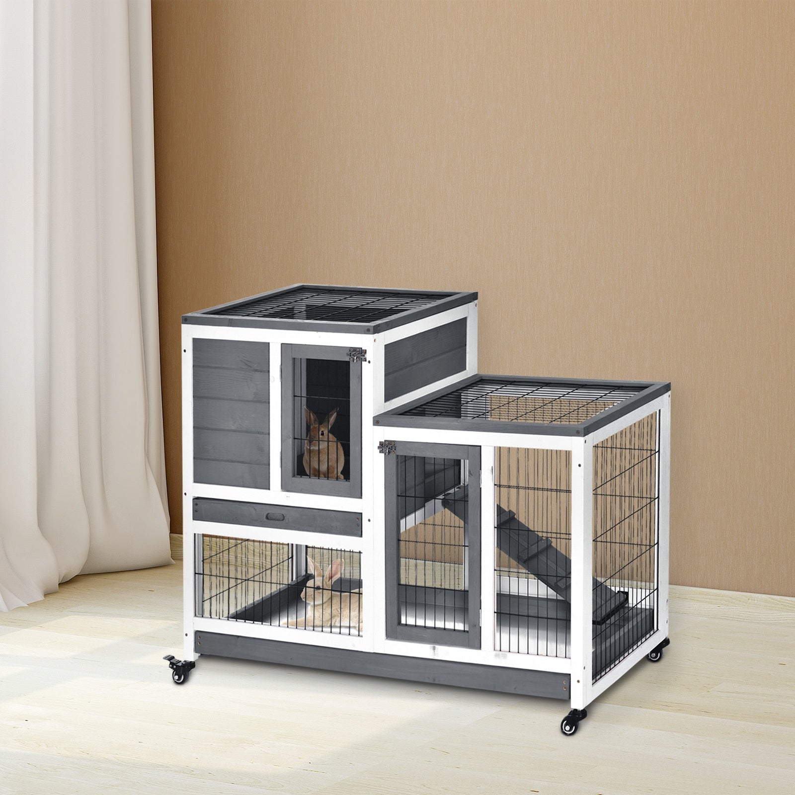 Wooden Indoor Rabbit Hutch Guinea Pig House Bunny Small Animal Cage W/ Wheels Enclosed Run 110 x 50 x 86 cm, PawHut, Grey