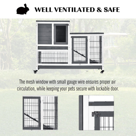 Wooden Indoor Rabbit Hutch Guinea Pig House Bunny Small Animal Cage W/ Wheels Enclosed Run 110 x 50 x 86 cm, PawHut, Grey