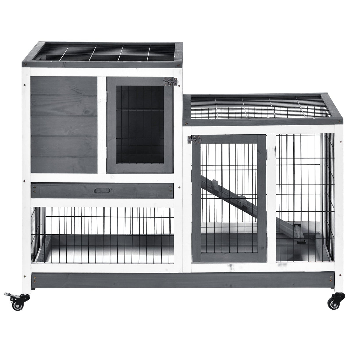 Wooden Indoor Rabbit Hutch Guinea Pig House Bunny Small Animal Cage W/ Wheels Enclosed Run 110 x 50 x 86 cm, PawHut, Grey
