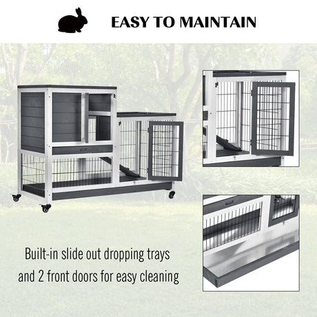 Wooden Indoor Rabbit Hutch Guinea Pig House Bunny Small Animal Cage W/ Wheels Enclosed Run 110 x 50 x 86 cm, PawHut, Grey