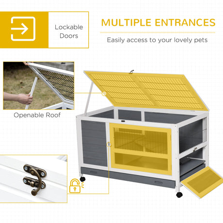 Wooden Rabbit Hutch Elevated Pet Bunny House Rabbit Cage with Slide-Out Tray Indoor Grey, PawHut,