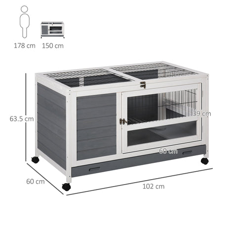 Wooden Rabbit Hutch Elevated Pet Bunny House Rabbit Cage with Slide-Out Tray Indoor Grey, PawHut,