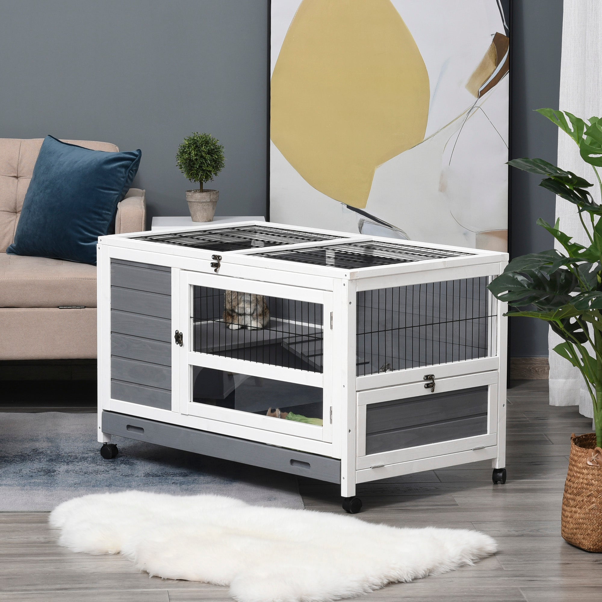 Wooden Rabbit Hutch Elevated Pet Bunny House Rabbit Cage with Slide-Out Tray Indoor Grey, PawHut,