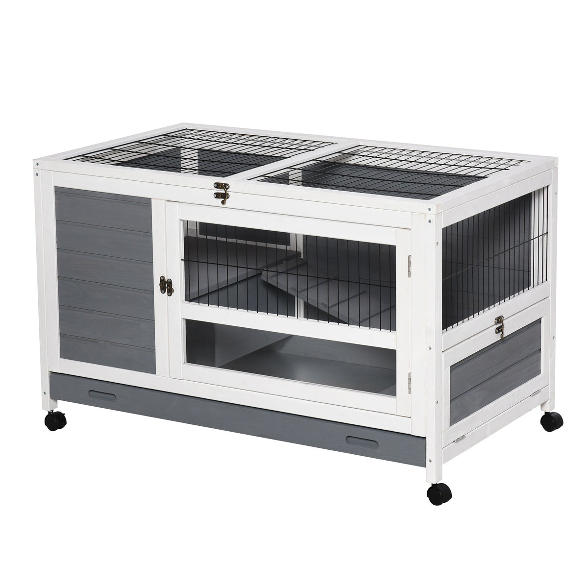 Wooden Rabbit Hutch Elevated Pet Bunny House Rabbit Cage with Slide-Out ...