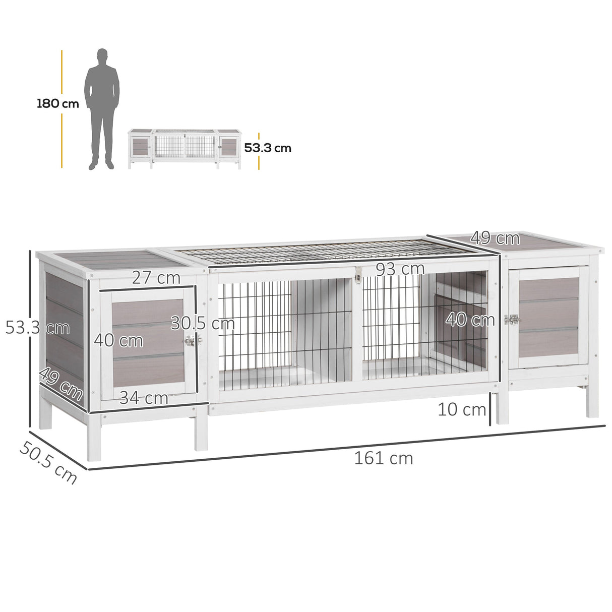 Wooden Rabbit Hutch, Guinea Pig Cage, Separable Bunny Run, Small Animal House for Indoor with Slide-out Tray, 161 x 50.5 x 53.3cm, Grey, PawHut,