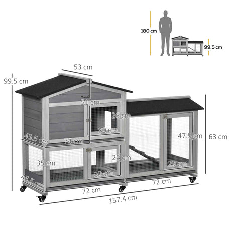 Wooden Rabbit Hutch, Guinea Pig Cage, with Wheels, Run, Slide-Out Tray, Ramp, PawHut, Grey