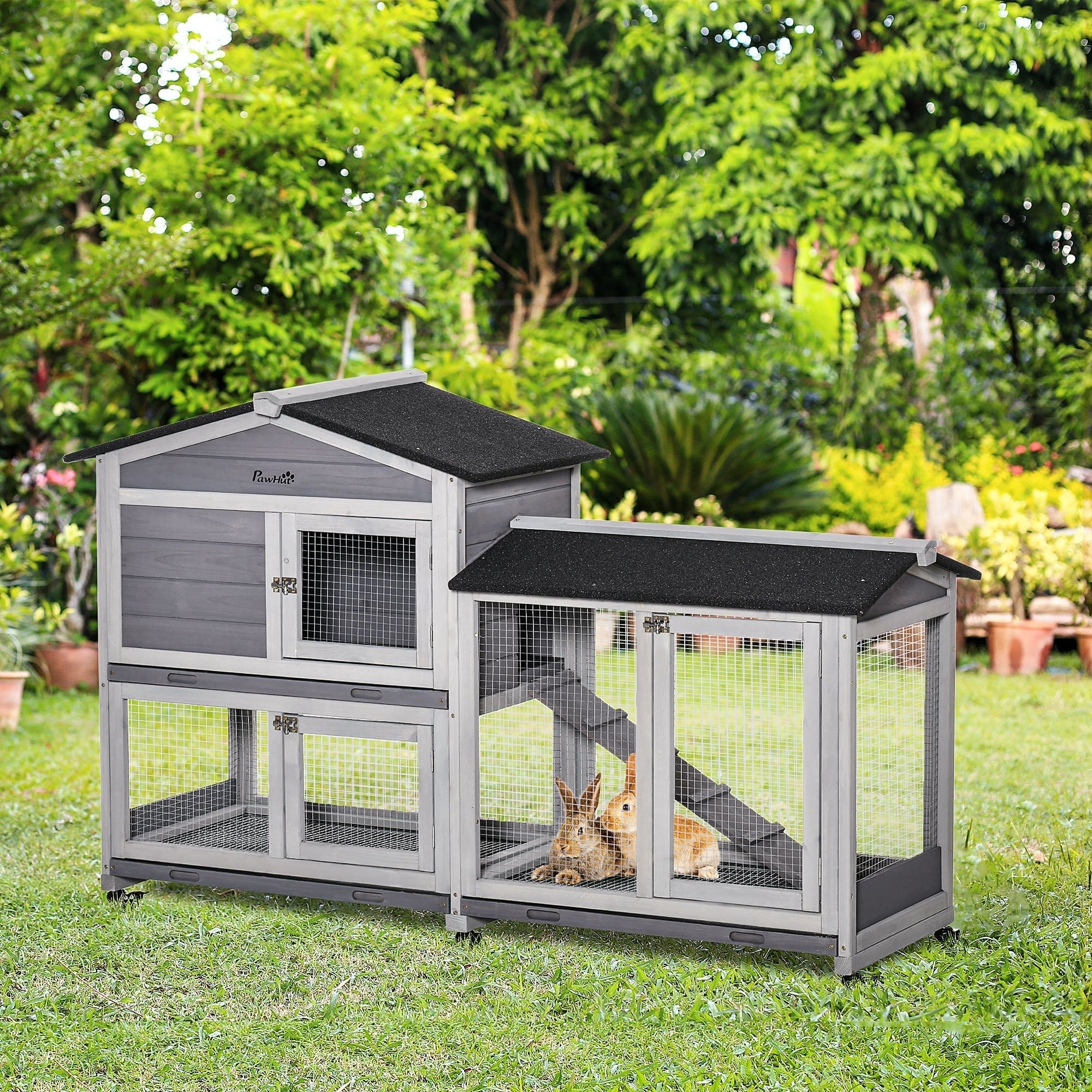 Wooden Rabbit Hutch, Guinea Pig Cage, with Wheels, Run, Slide-Out Tray, Ramp, PawHut, Grey