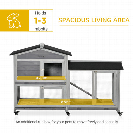 Wooden Rabbit Hutch, Guinea Pig Cage, with Wheels, Run, Slide-Out Tray, Ramp, PawHut, Grey