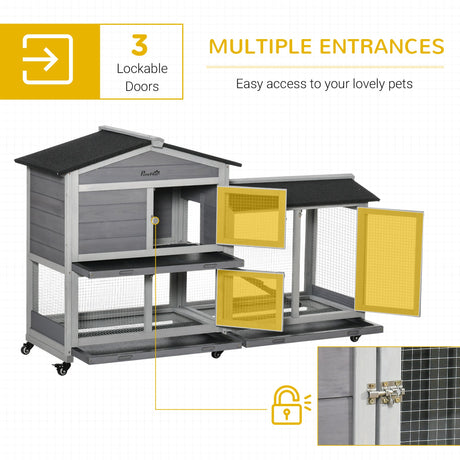 Wooden Rabbit Hutch, Guinea Pig Cage, with Wheels, Run, Slide-Out Tray, Ramp, PawHut, Grey